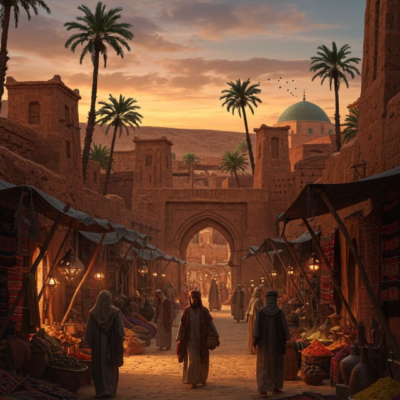 أصيل السوق العتيق لوحة سوق شرقي قديم عند الغروب مع نخيل وأشخاص بلباس تقليدي