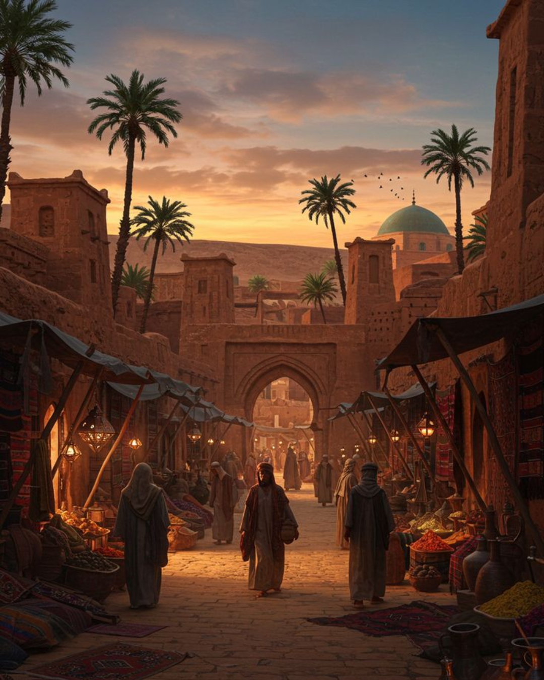 أصيل السوق العتيق لوحة سوق شرقي قديم عند الغروب مع نخيل وأشخاص بلباس تقليدي