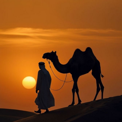 لوحة ظلية لرجل يقود ناقته فوق كثيب رملي عند غروب الشمس