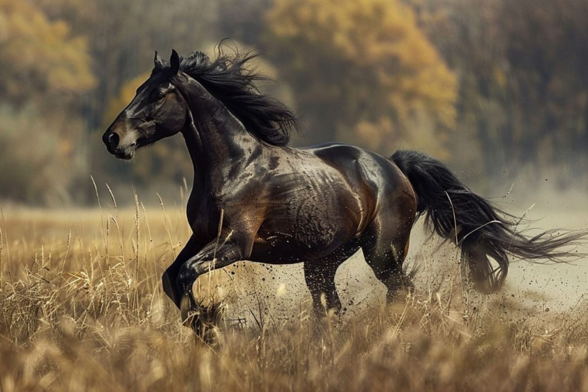 لوحة حصان أسود يعدو في حقل ذهبي وسط أجواء خريفية