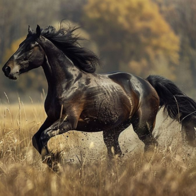 لوحة حصان أسود يعدو في حقل ذهبي وسط أجواء خريفية