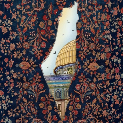 لوحة خريطة فلسطين تحتوي مشهد قبة الصخرة على خلفية زخرفية كحلية