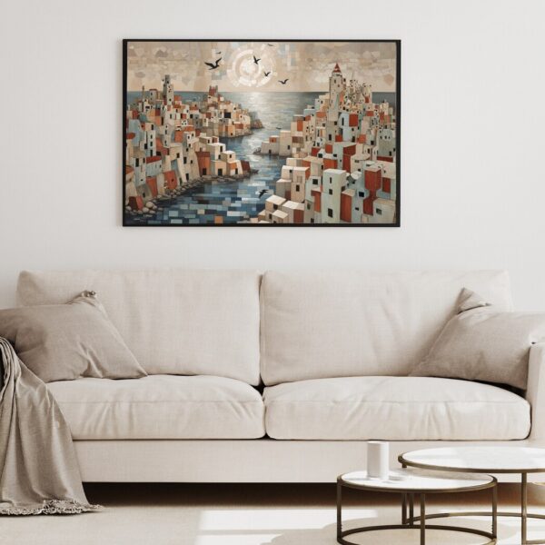 لوحة فنية لقرية ساحلية مكعبة الأبنية تطل على خليج هادئ تحت شمس مشرقة
