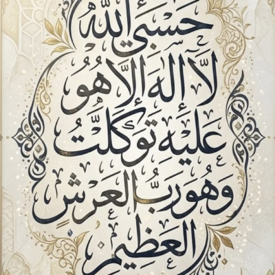 لوحة خط عربي لآية حسبي الله بزخارف ذهبية وخلفية معمارية إسلامية