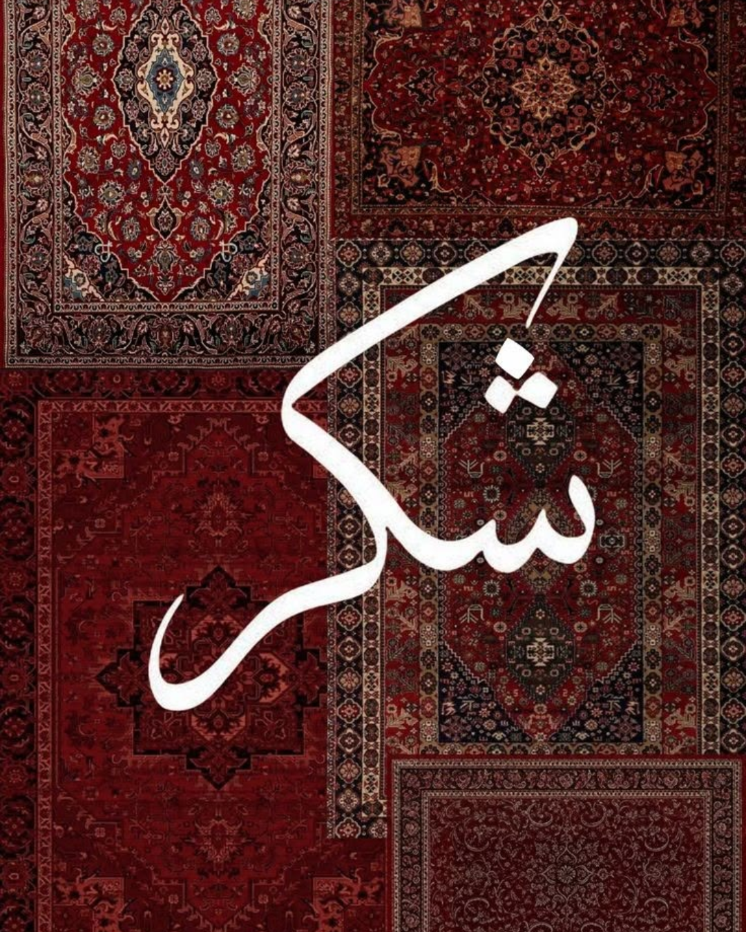 لوحة خط عربي بكلمة شكر بيضاء فوق خلفية سجاد فارسي أحمر وكستنائي