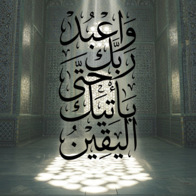 لوحة خط عربي لآية قرآنية أمام جدار إسلامي مزخرف مع شعاع نور